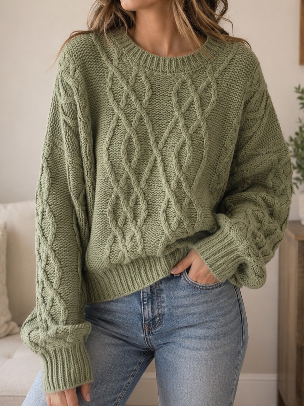 Black Tape Chunky Cable Knit Sweater Sage Green Oversized Crewneck XL